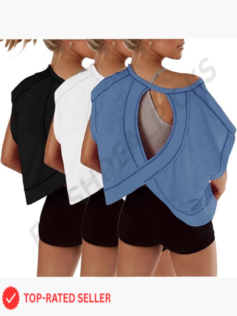 3 Pack Open Back Crop Tops Short Sleeve Y2k Athletic Tees Gym Yoga Running Tanks